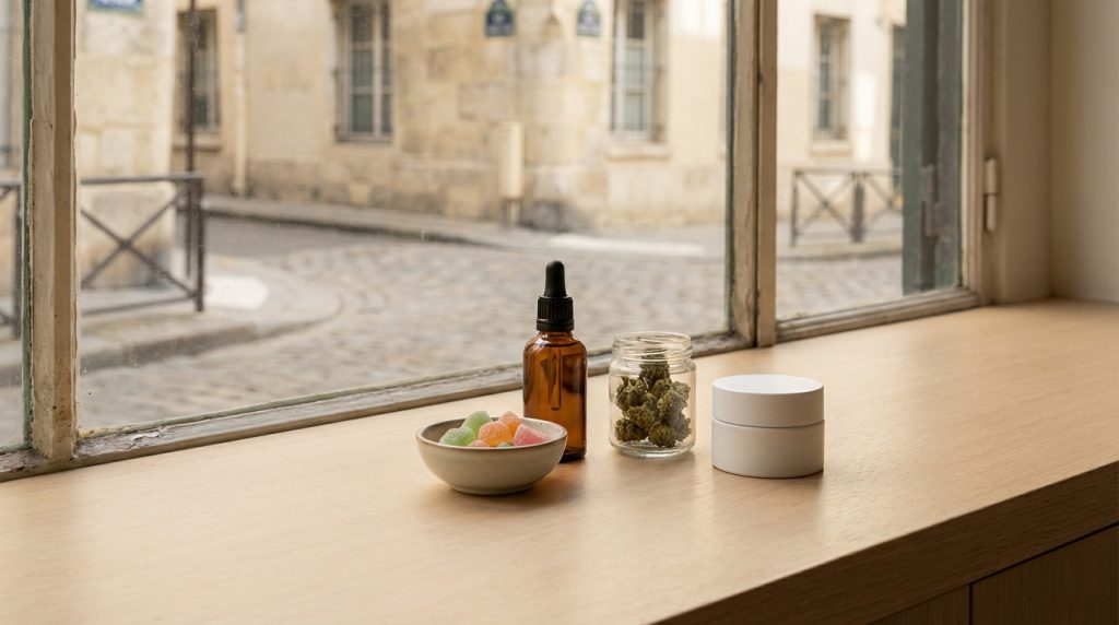 Serene CBD product arrangement: oil, flowers, gummies, cream on wood. Blurred French street through window, soft light.