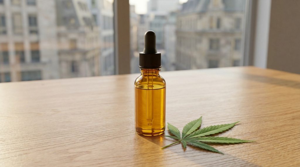 Amber CBD oil bottle with dropper and vibrant hemp leaf on light wood table. Soft natural light, blurred urban window view.