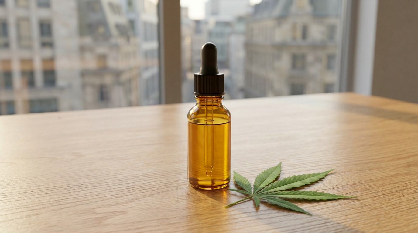 Amber CBD oil bottle with dropper and vibrant hemp leaf on light wood table. Soft natural light, blurred urban window view.