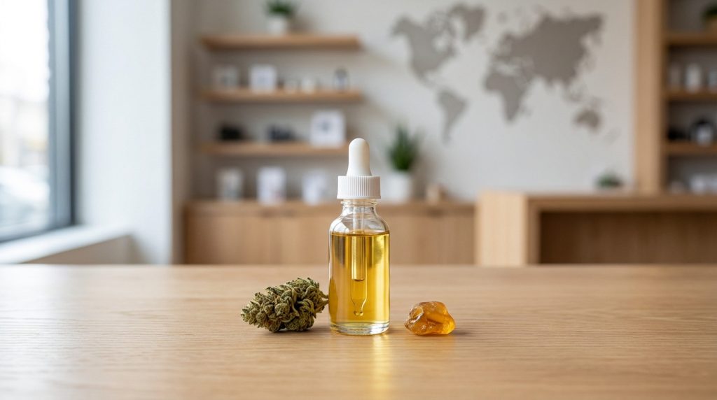 Elegant display of CBD oil, flower bud, and resin on a light wood table with a blurred modern background and world map.