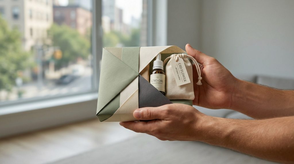 Hands gently hold an elegant package with a CBD oil dropper bottle and CBD flower pouch, set against a blurred urban window.