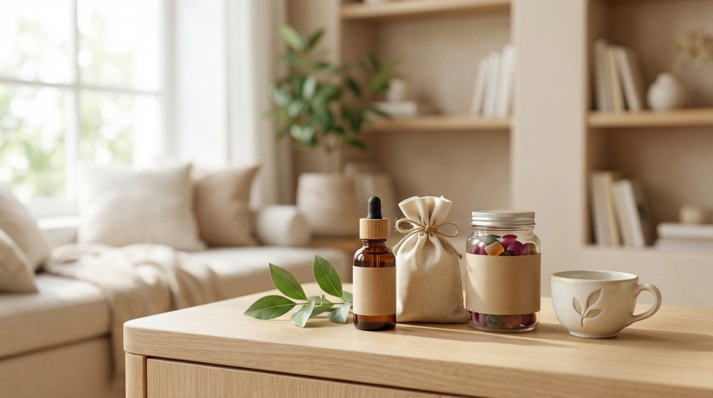 Photorealistic image of premium CBD oil, gummies, and flowers with green leaves and a teacup on a wooden table in a bright, blurred modern home.