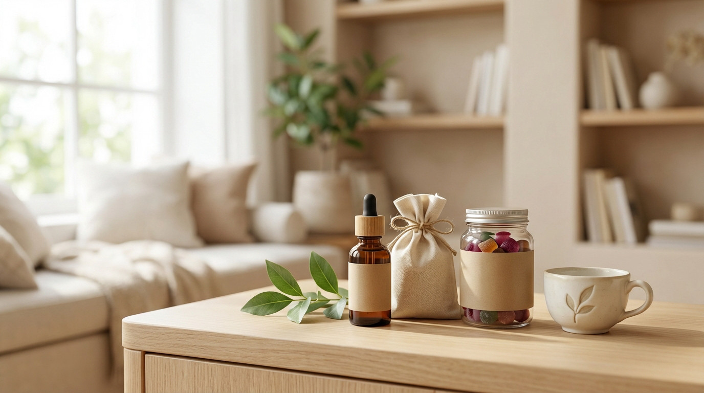 Photorealistic image of premium CBD oil, gummies, and flowers with green leaves and a teacup on a wooden table in a bright, blurred modern home.