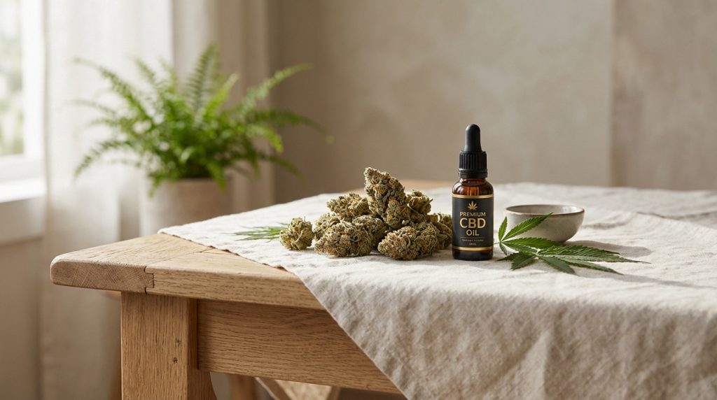 High-quality CBD buds and an amber oil bottle with a dropper, on a linen cloth and wooden table, under soft natural light.