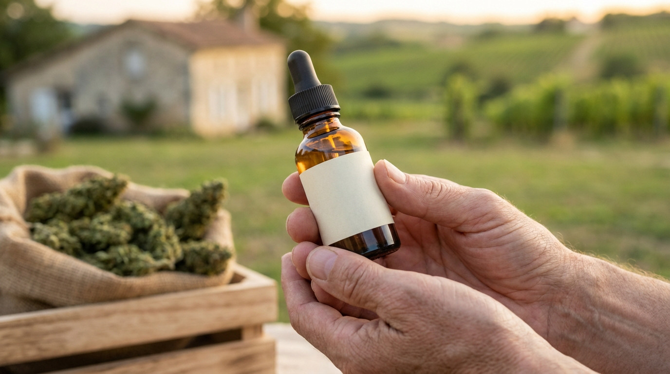 Close-up of hands holding an amber CBD oil dropper bottle with a blank label. Blurred background shows hemp flowers, a French house, and vineyards.